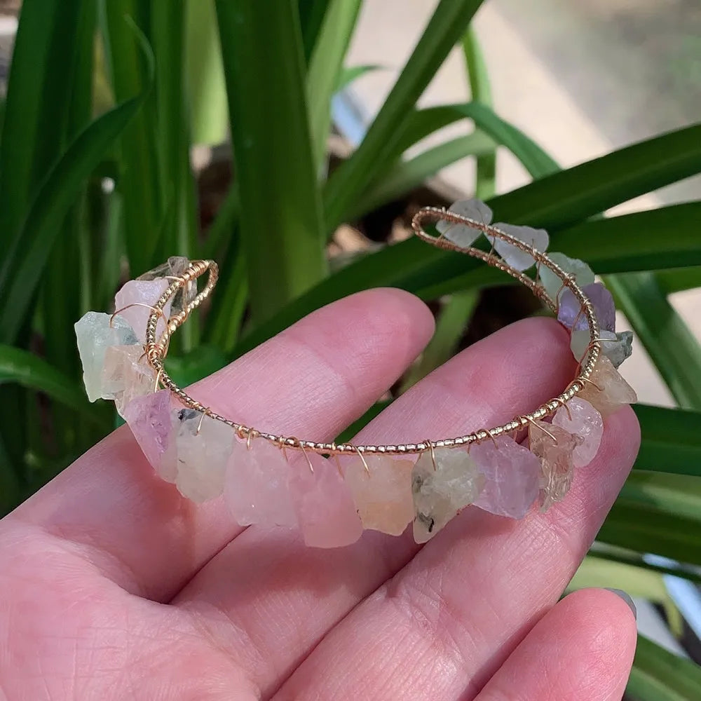 Healing Rock Mineral Stone Open Cuff Bangle Wire Wrapped Crystal Bracelets Natural Amethysts Citrines Kyanites Quartz Bracelet