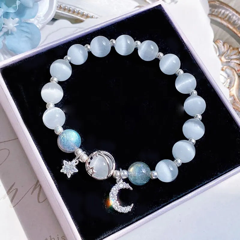 Blue Purple Color Opal Stone Bracelet for Women Girls Shiny Crystal Bracelets Moon Star Pendant Bangles Wristband Jewelry