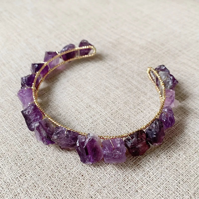 Healing Rock Mineral Stone Open Cuff Bangle Wire Wrapped Crystal Bracelets Natural Amethysts Citrines Kyanites Quartz Bracelet