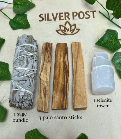 Home Cleansing Kit with Sage, Palo Santo, Selenite, House Warming Gift Kit, Protection & Cleansing, Reiki, Meditation, Energy Cleansing,