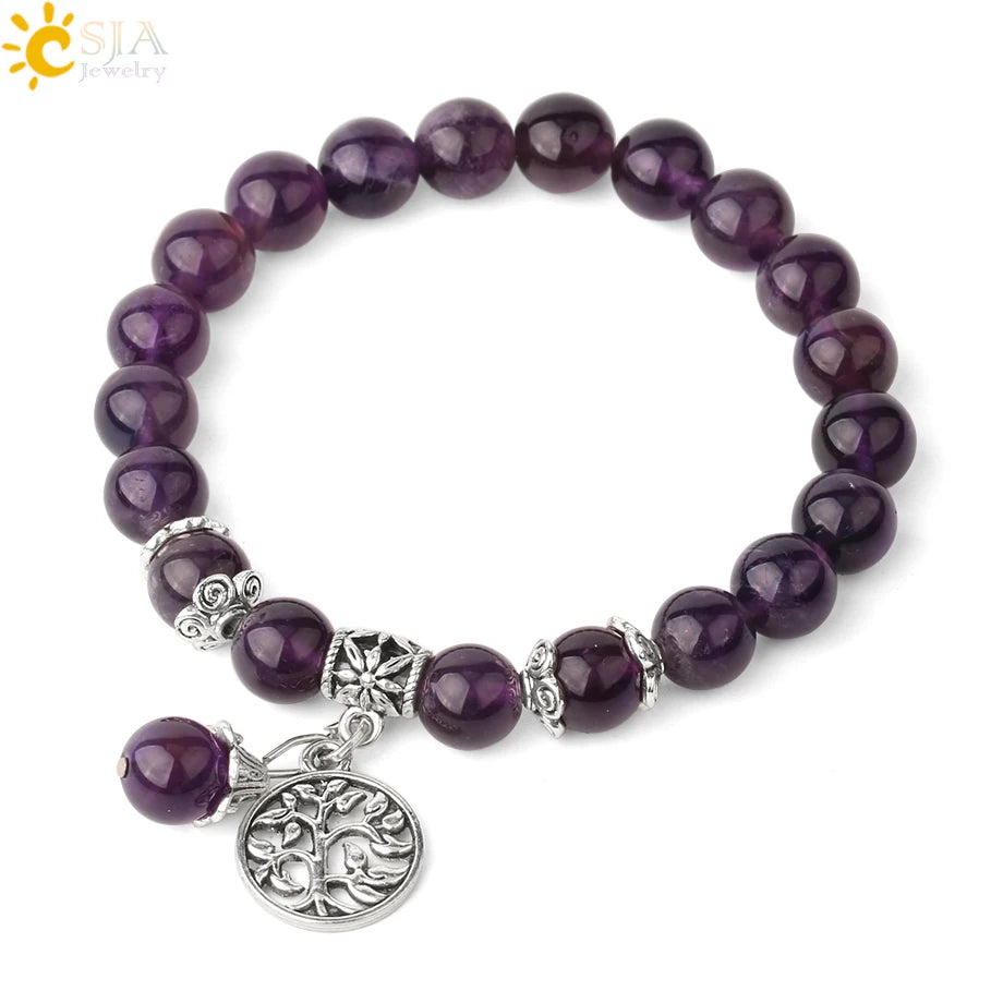 CSJA Natural Stone Bracelet Amethysts Crystal Bracelets Gem Beaded Tree of Life Protection Bracelet Healing Energy Woman G422
