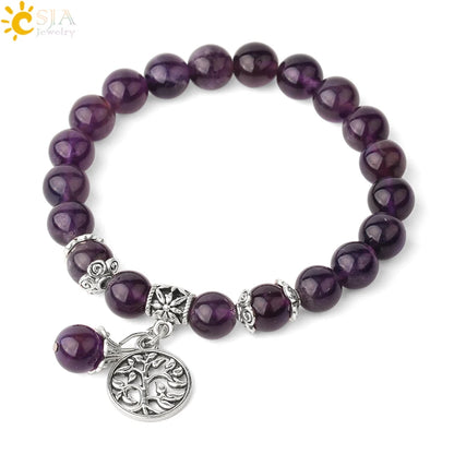 CSJA Natural Stone Bracelet Amethysts Crystal Bracelets Gem Beaded Tree of Life Protection Bracelet Healing Energy Woman G422
