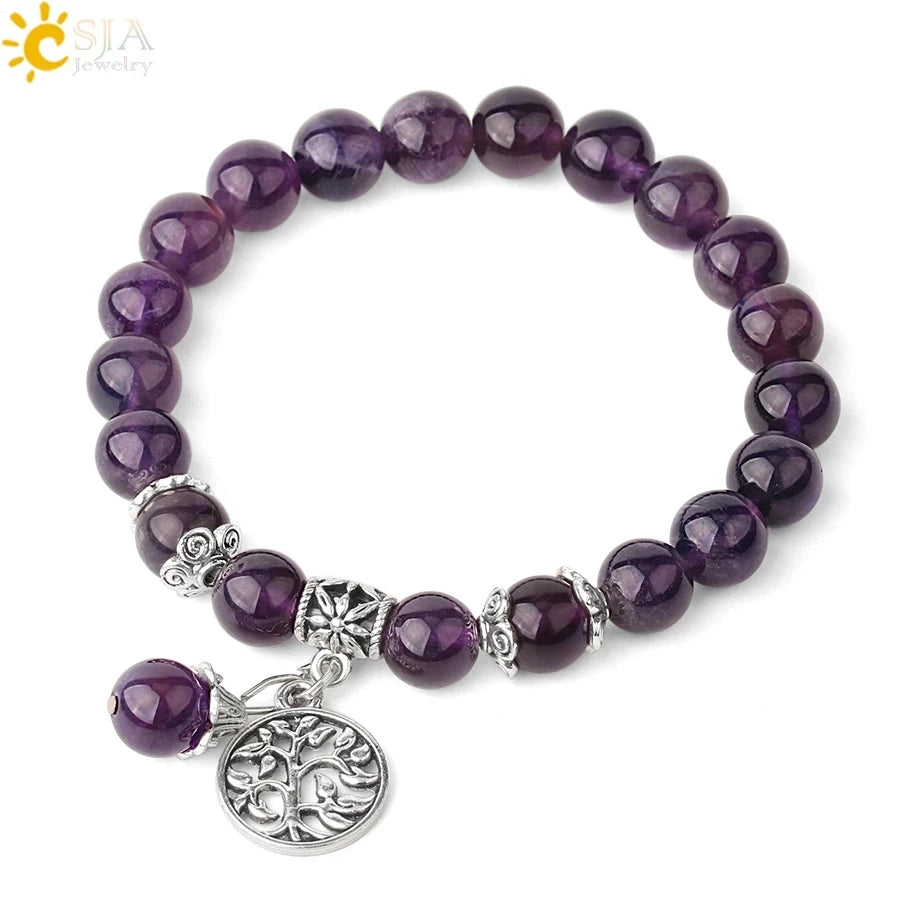 CSJA Natural Stone Bracelet Amethysts Crystal Bracelets Gem Beaded Tree of Life Protection Bracelet Healing Energy Woman G422