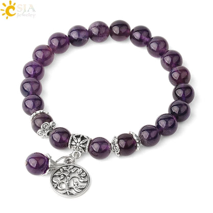 CSJA Natural Stone Bracelet Amethysts Crystal Bracelets Gem Beaded Tree of Life Protection Bracelet Healing Energy Woman G422
