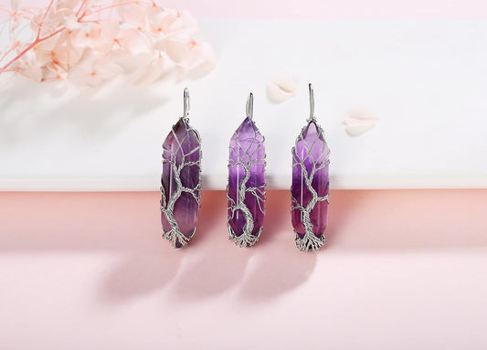 Tree of Life Wire Wrapped Natural Spiritual Hexagonal Gemstone Quartz Necklace Amethyst Reiki Healing Crystal Stone Point Pendant Necklaces Jewelry for Women