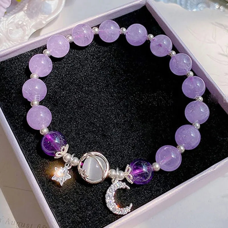 Blue Purple Color Opal Stone Bracelet for Women Girls Shiny Crystal Bracelets Moon Star Pendant Bangles Wristband Jewelry