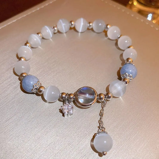 Blue Purple Color Opal Stone Bracelet for Women Girls Shiny Crystal Bracelets Moon Star Pendant Bangles Wristband Jewelry