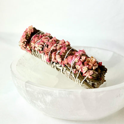 Pink Sinuata Flower White Sage Smudge Stick: Ethically Sourced Cleansing Bundle