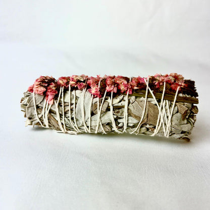 Pink Sinuata Flower White Sage Smudge Stick: Ethically Sourced Cleansing Bundle