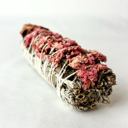 Pink Sinuata Flower White Sage Smudge Stick: Ethically Sourced Cleansing Bundle