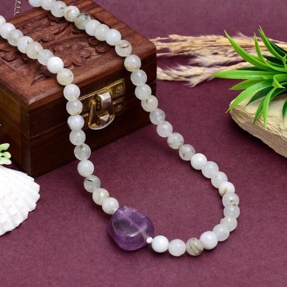 Rutile Quartz Beaded Necklace with Raw Amethyst | Healing Crystal Beaded Choker | Boho Spiritual Jewelry | Handmade Bracelet | Birthday Gift